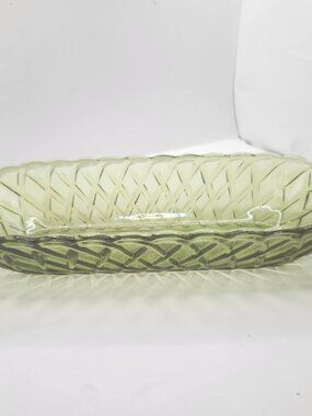 Vintage Indiana Glass Avocado Green Basket Weave Dish